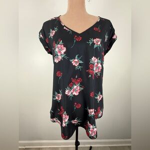 Express Black Floral V-Neck Blouse with Pink & Red Flowers